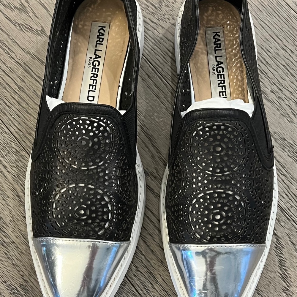 Karl Lagerfeld Black & Silver Cut-out Cap-Toe Slip On Loafers